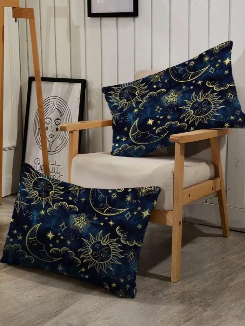 Celestial Comforter Set Queen Size Blue Gold Sun and Moon Boho Bedding for Kids